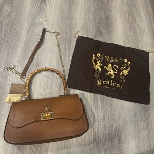 Pratesi Brown Made In Italy East West Round Flap Handle Satchel NEW